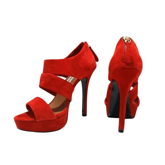 Steve Madden Buzzzer Red Suede Leather Platform High Heel 5.5M Open Toe Stiletto - Picture 2 of 10